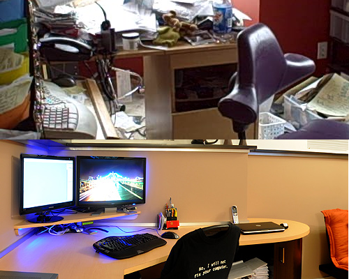Composite image: photo of a cluttered desk on top, photo of a tidy desk at the bottom